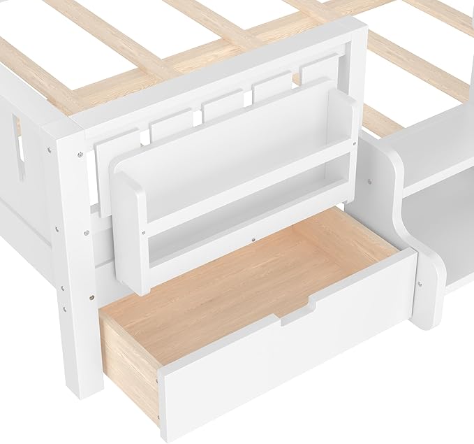 Bellemave Full Size Kids Bed with high Rails and with Built-in Bookshelf and Drawers for Kids, Girls, Boys, Wood Montessori Bed Without Door, White