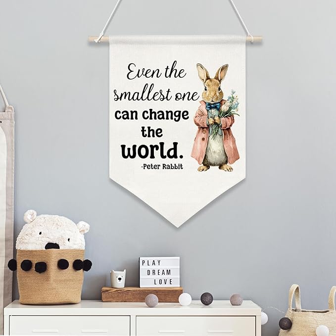 Retro Rabbit Wall Hanging Banner-Even the Smallest One Can Change the World- Canvas Poster,Inspirational Decor for Kids Room,Nursery, Newborn Gift from Parents or Grandparents(KD31)