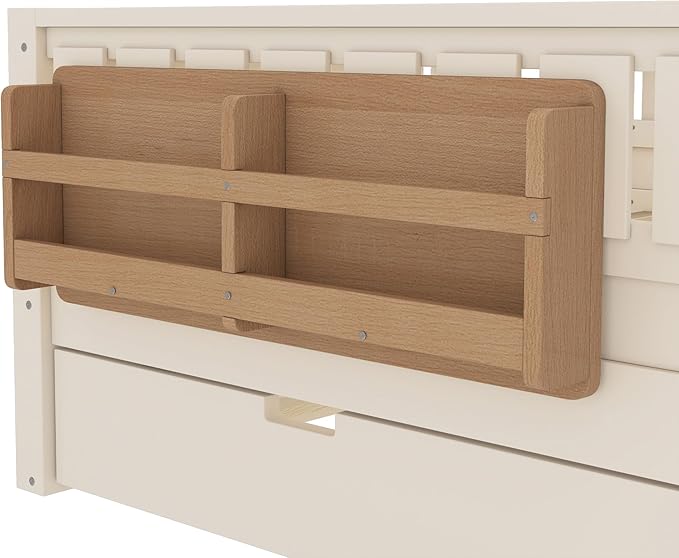 Bellemave Full Size Kids Bed with high Rails and with Built-in Bookshelf and Trundle for Kids, Girls, Boys, Wood Montessori Bed Without Door, Beige