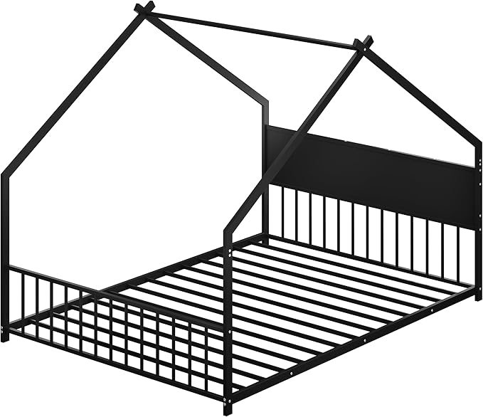 Ball & Cast Full Size Floor Bed,Low to Ground Montessori Bed with Roof & Colorful LED Lights,Toddler House Bed Frame W/Slats and Legs,No Box Spring Needed,for Girls Boys,Black