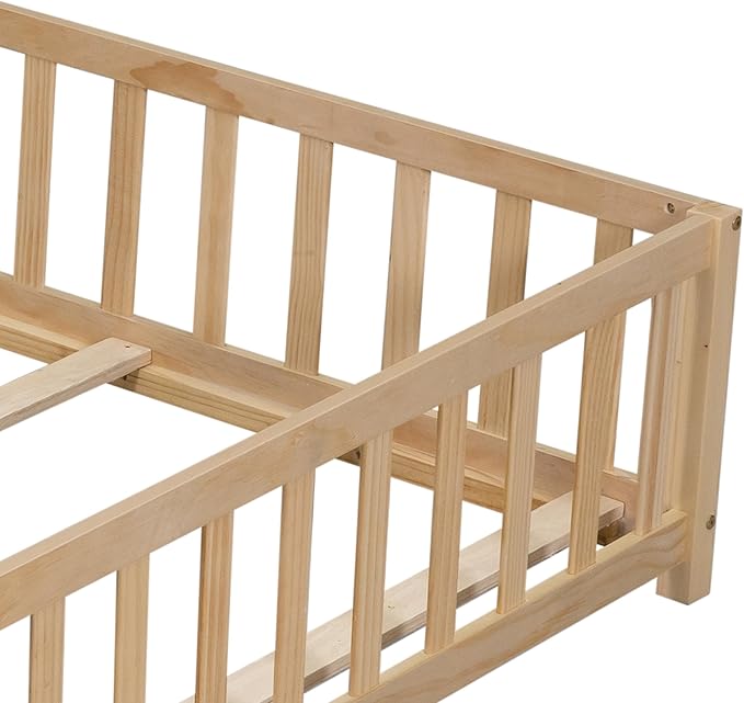 Full Size Floor Platform Bed with Fence and Lockable Door, Wood Montessori Bed Frame with Slat Support for Kids,Girls,Boys, Easy to Assemble,Natural