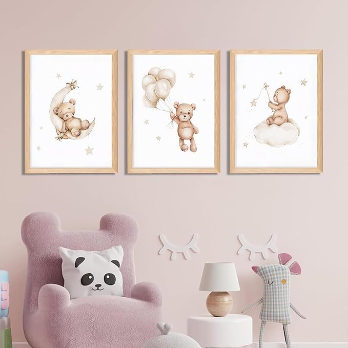 Framed Teddy Bear Wall Art Nursery Decor Set of 3, Bear Sleeping on The Moon and Stars Pictures Canvas, Neutral Bears Poster Prints Wall Decor for Kids Baby Room Girls Children Room – 16x24 inch