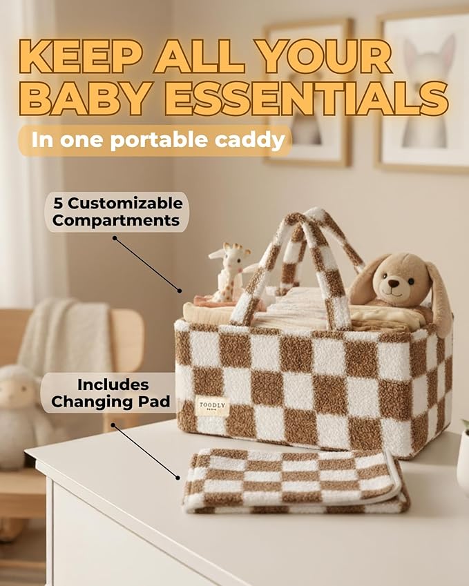 Checkered Diaper Caddy Organizer with Portable Changing Mat - Teddy Fleece Diaper Organizer for Changing Table - Caddy Organizer with Removable Dividers - Light Taupe and White