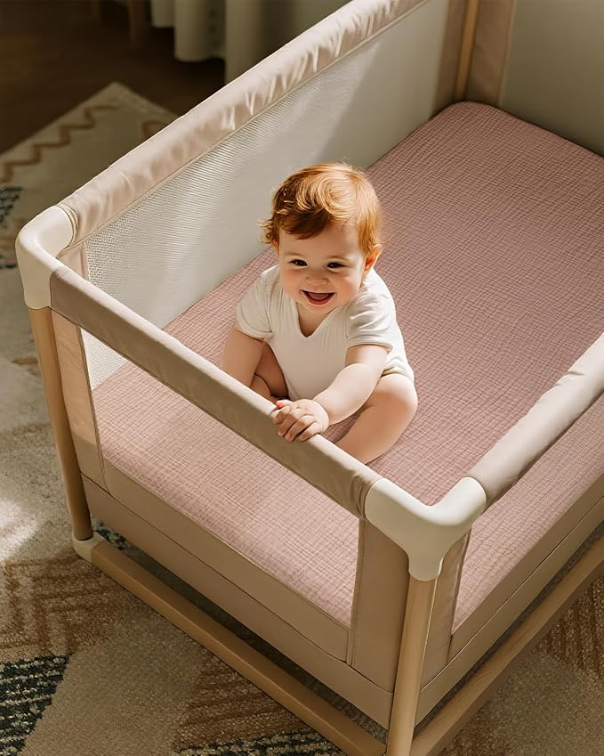 Muslin Pack and Play Sheets Fitted, 100% Cotton Mini Crib Sheets 2 Pack for Pack N Play Mattress, Stretchy Playard Sheet, Soft and Breathable Gradient Pink