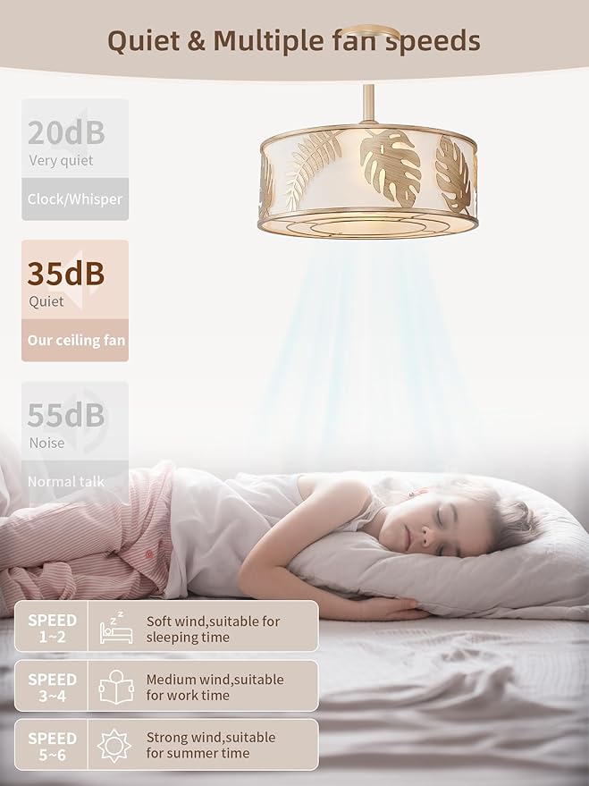 20" Gold Caged Ceiling Fans with Lights, Gold Fandelier Ceiling Fan with Light Remote Control, Bladeless Caged with 6 Speeds for Bedroom, Nursery, Living Room