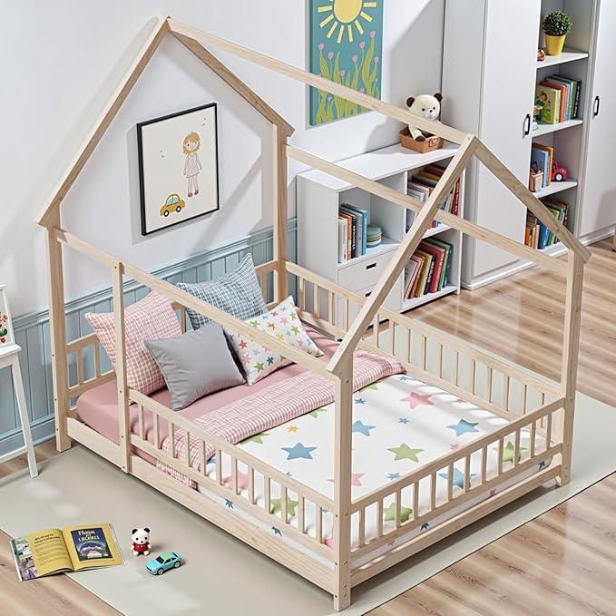 LLS Full Size Montessori Floor Bed Frame with Slats and Fence, Wooden House Bed for Boys Girls Bedroom, Natural