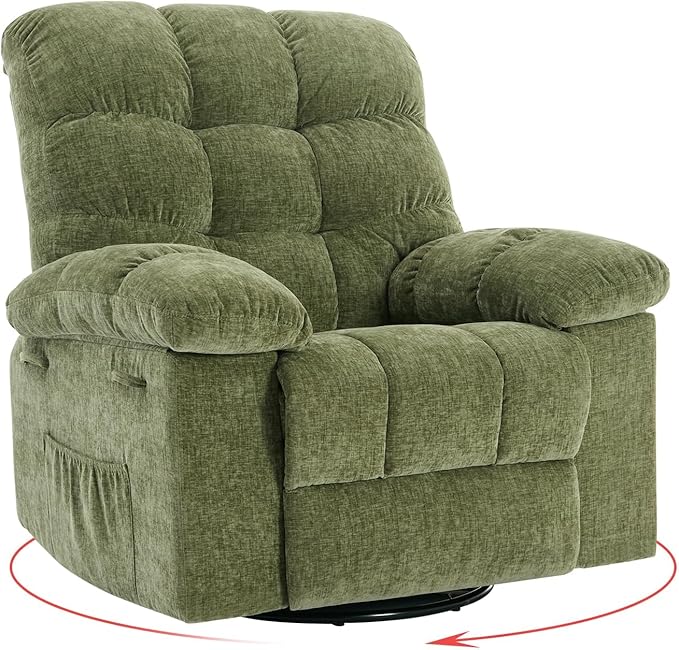 Swivel Recliner Chair, Upholstered Fabric Comfy Rocking Chair, Sturdy Q235 Steel Frame Nursery Glider, 300 LBS Capacity, for Small Spaces, Living Room, Bedroom, Green