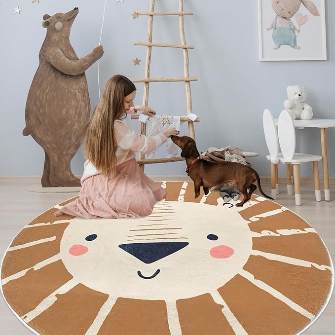 ABREEZE Large Round Kids Play Mat 5.3ft,Lion Nursery Rug Fluffy Faux Wool Kids Rug Soft Plush Non-Slip Childrens Carpet for Bedroom Living Room Playroom,Brown