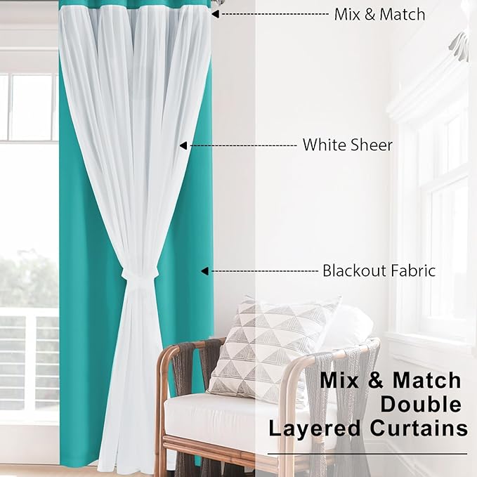 Hiasan Double Layer Blackout Curtains with Sheer Overlay, Extra Long Mix & Match Thermal Insulated Grommet Window Curtains for Bedroom, Living Room, 2 Panels with Tiebacks,Peacock Teal, 52W X 108L