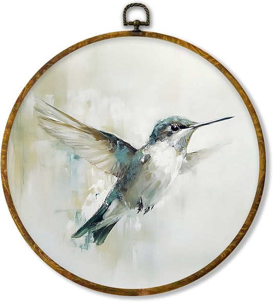 Hiuwevt Vintage Hummingbird Bird Round Wall Art Decor, Watercolor Farmhouse Bird Framed Canvas Prints, Retro Hummingbird Round Wall Hanging Decor for Bedroom Home Decorations, 10x10 Inches