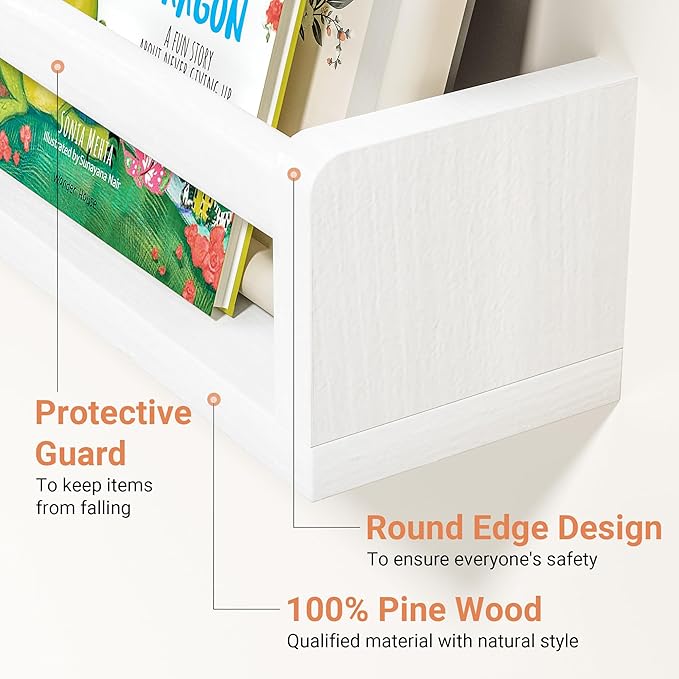 Heimlove Nursery Floating Shelves, White Nursery Book Shelves for Wall, 16 inch Wall Bookshelf for Kids Solid Wood Shelves for Books,Toys and Decor Storage, Set of 3