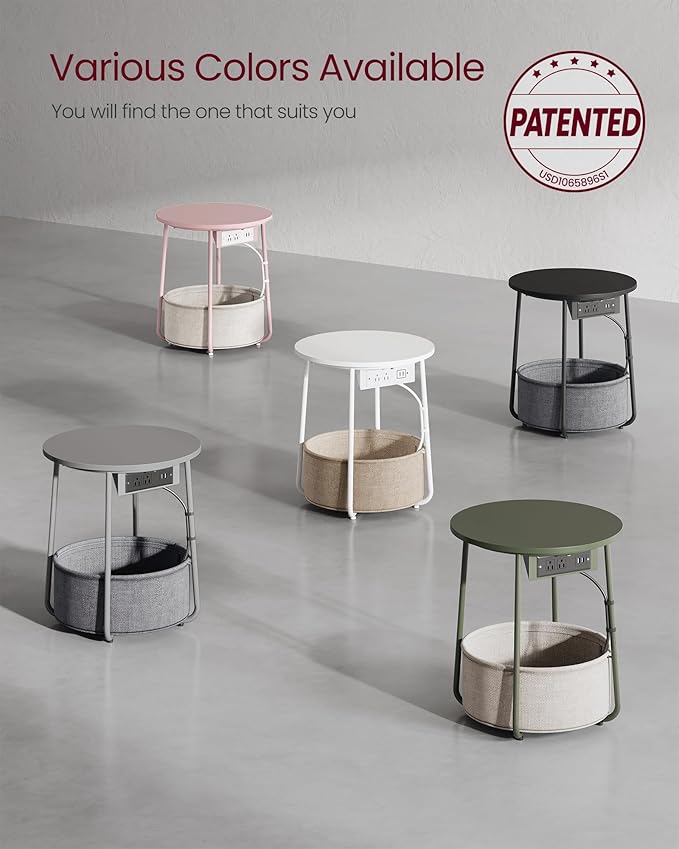 VASAGLE LILEA Collection - Side Table with Charging Station, Round End Table with Fabric Basket, Nightstand with USB Ports, for Living Room, Bedroom, Modern, Ebony Black and Slate Gray ULET228B01