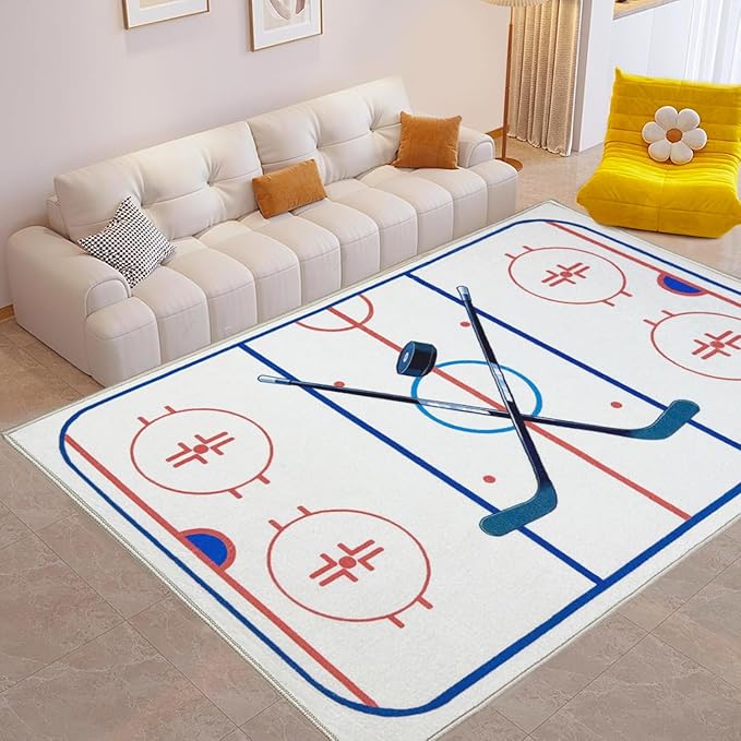Hockey Rug 6x9 Washable Low Pile Non Slip Sports Rug for Boys Bedroom Decor, Hockey Room Area Rug Man Cave Carpet Mat