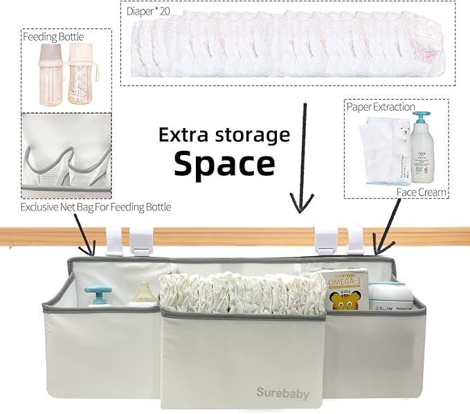Hanging Baby Diaper Caddy, 3-in-1 Diaper Caddy Organizer Holder For Baby Crib, Nursery Organization Diaper Stacker Storage For Crib, Changing Table, Car, Wall-White