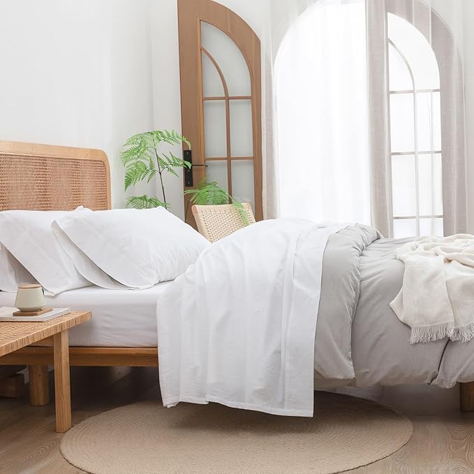 BESTOUCH Sheet Set 100% Washed Cotton Linen Feel Super Soft Comfortable Chic Lightweight 4 Pcs Home Bedding Set Solid Bright White King