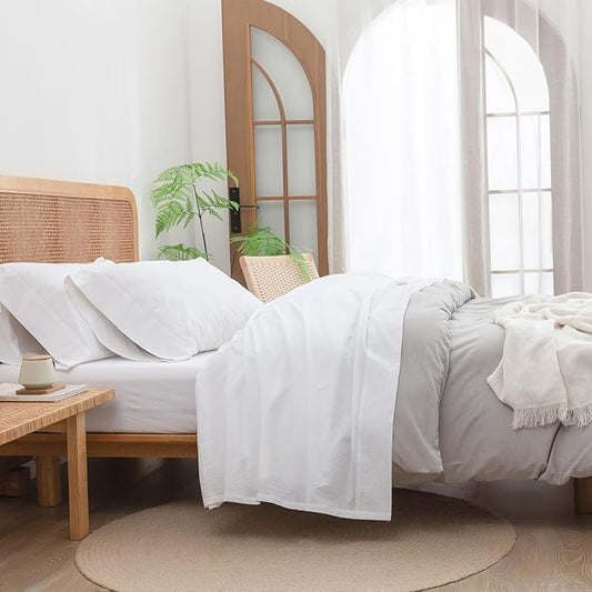 BESTOUCH Sheet Set 100% Washed Cotton Linen Feel Super Soft Comfortable Chic Lightweight 3 Pcs Home Bedding Set Solid Bright White Twin