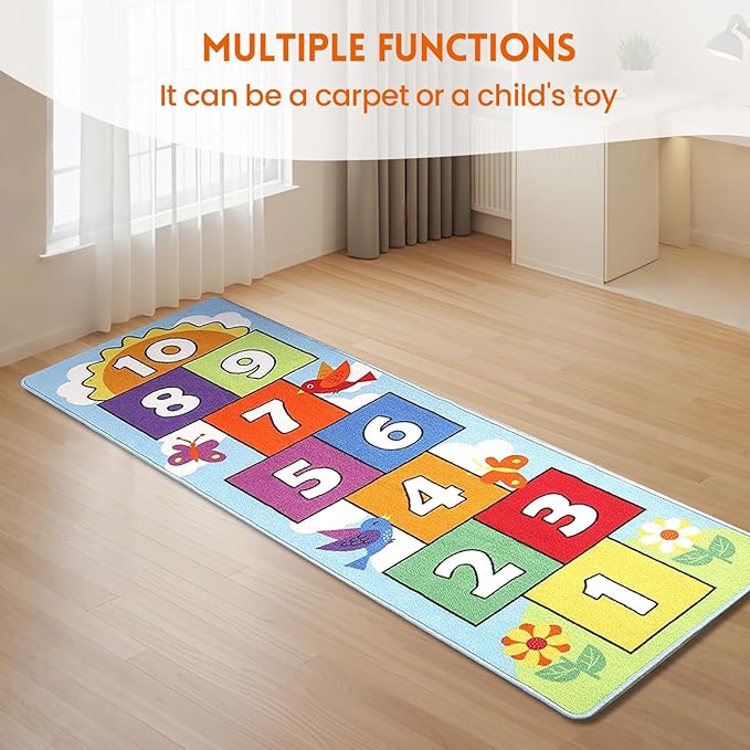Hop & Count Hopscotch Rug for Kids, Floor Play Area Rug Game Carpet Crawl Jump Mat, Skid-Proof Backing, Great Gift for Boys Girls, Room Decor, Classic Hopscotch Rug for Preschool Playroom