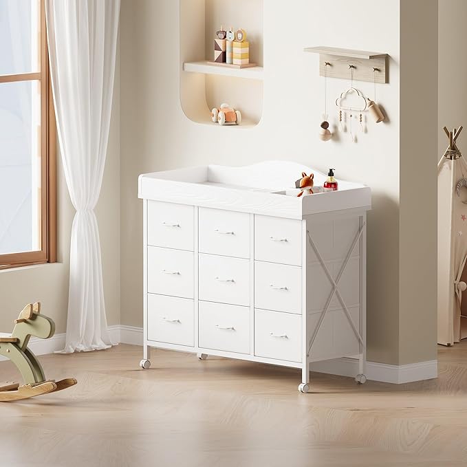 Baby Changing Table with 9 Fabric Drawers, Waterproof Diaper Changing Station & Pad, Mobile Nursery Diaper Changing Table, Baby Furniture, Bedroom, White