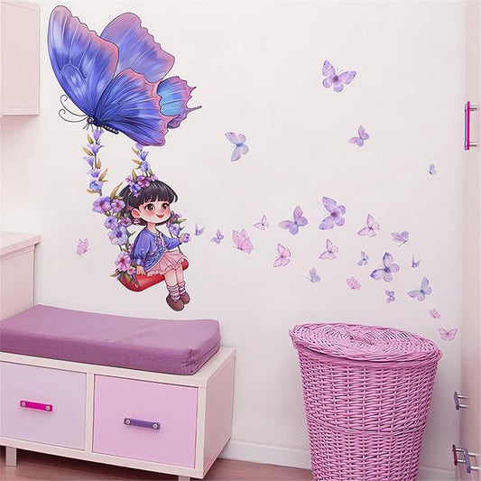 Purple Girl Butterfly Swing Wall Stickers, Cartoon Wall Decals Removable Vinyl Peel and Stick Kids Baby Children Nursery Bedroom Toddler Room Kindergarten Art Home Decorations