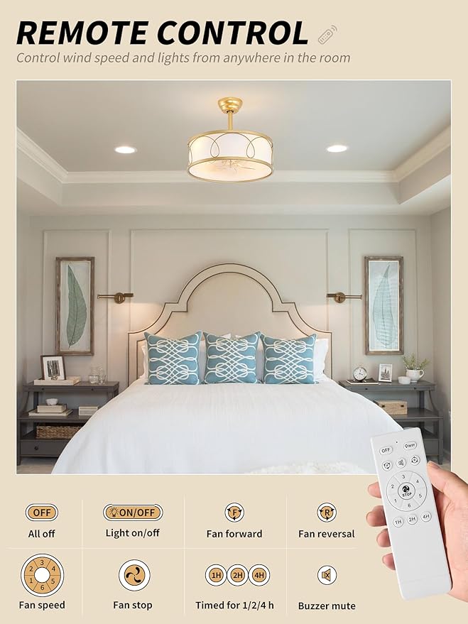 20" Gold Fandelier Ceiling Fan with Light, Fabric Boho Chandelier Ceiling Fans with Lights Remote Control, Mid-Century Modern Caged with 6 Speeds for Bedroom, Nursery (FS-BG01)
