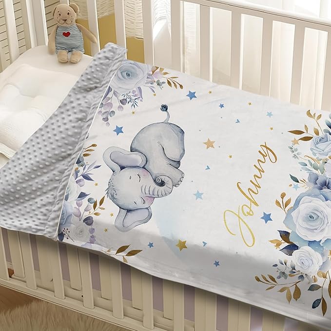 Personalized Baby Blanket for Boys Girls, Custom Baby Blanket with Name, Flannel Blue Elephant Blanket Personalized Gifts for Kids Newborn Infant, Ideal for Birthday Baby Shower(47" x60)