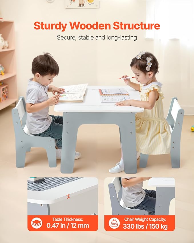 VEVOR Kid Activity Table and 2 Chairs Set, 23*23*20inch Graffiti & Building Blocks Double-Sided Tabletop, Toddler Play Table with Storage for Kids 3+ Years, Large Storage Space, Gift for Boys & Girls