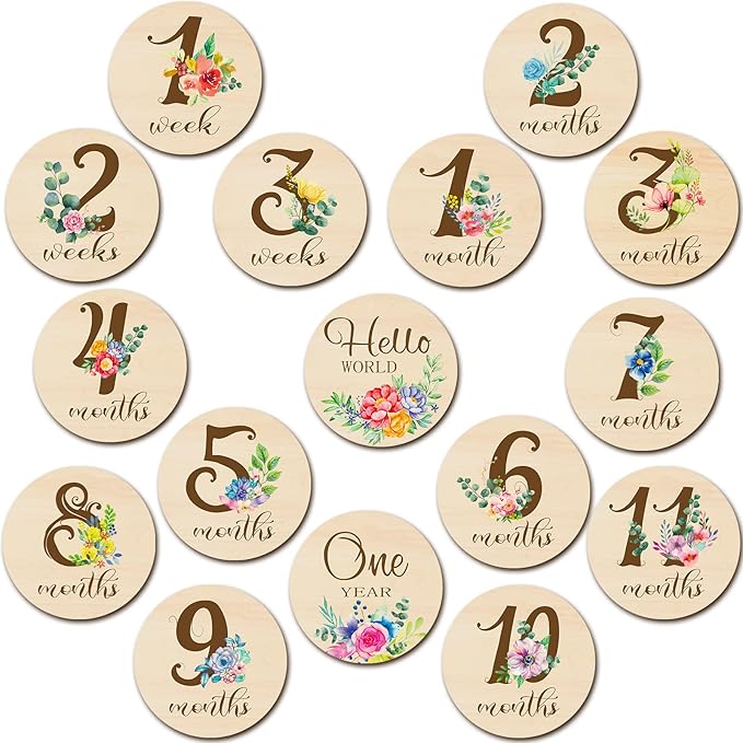 Tiamon 16 Pieces Wooden Baby Monthly Milestone Cards Monthly Milestone Marker Discs Double Sided Wooden Circles Months Signs for Baby Shower Newborn Photo Props(Fresh Flowers)
