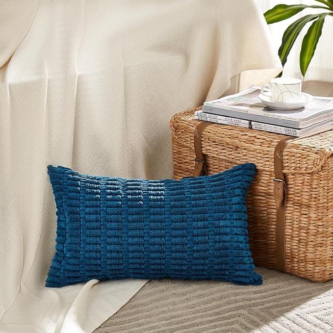 Fancy Homi 2 Packs Teal Decorative Throw Pillow Covers 16x24 Inch for Living Room Couch Bed Sofa, Rustic Farmhouse Fall Home Decor, Soft Striped Corduroy Square Cushion Case 40x60 cm
