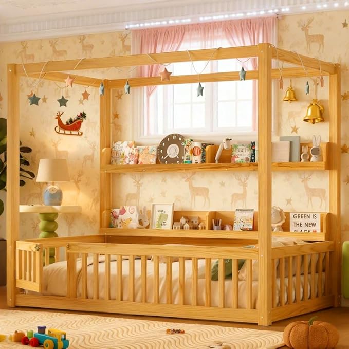 Bellemave Twin Size Canopy Bed with Guardrails and Door, Wood Floor Bed with Shelves for Toddlers, Built in 4 Poster Design,Montessori Bed for Kids,Boys,Girls,Easy Assemble（Twin,Natural）