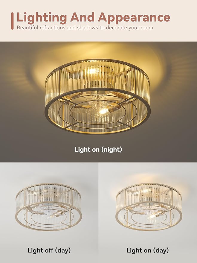 Low Profile Ceiling Fans with Lights, 20" Gold Crystal Ceiling Fan with Light Flush Mount and Remote Control, Drum Caged with 6 Speeds for Bedroom, Nursery, Living Room (Gold Crystal)