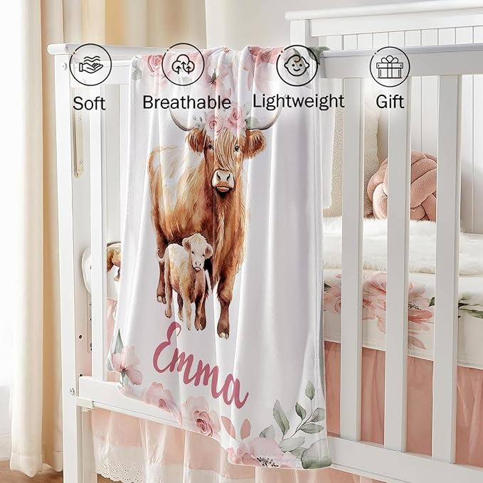 Custom Baby Crib Bedding Set - Pink Highland Cow Design Personalized Name Baby Nursery Bedding 3 Pcs Set - Chic Soft Blanket, Fitted Sheet, Room Rug for Newborns Boys Girls Gifts