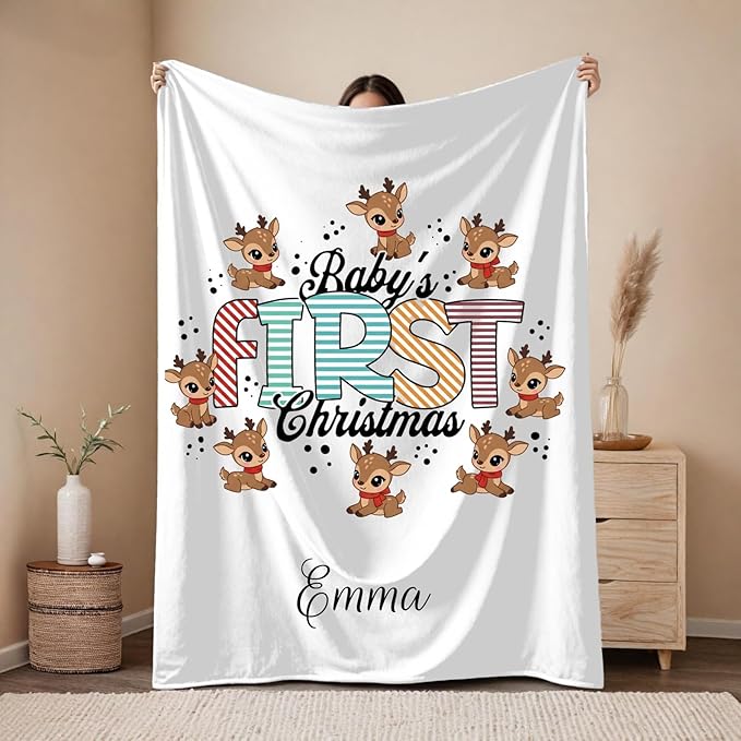 Personalized Baby's First Christmas Blanket, Custom Reindeer Baby Name Christmas Blanket, Soft Fleece Or Sherpa Throw, Baby Shower, Made in USA