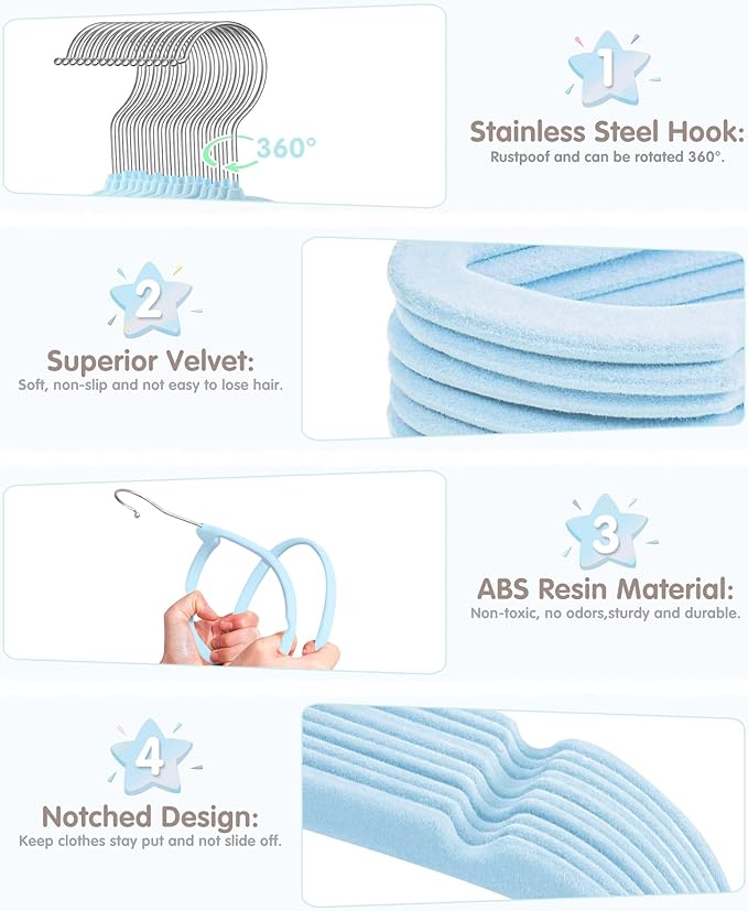 VIS'V Baby Hangers, 11 Inch Velvet Kids Hangers with 6 Pcs Clothes Size Dividers, Infant Toddler Nursery Closet Organization, Non Slip, Blue, 50 Pcs
