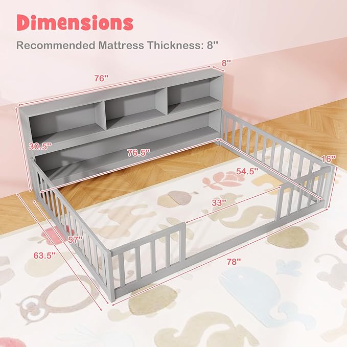 KOMFOTT Full Floor Bed with Bookcase & Shelves, Wood Bed Frame with Bedside Bookshelves & Guardrails, Versatile 2-in-1 Montessori Floor Bed for Kids (Grey)
