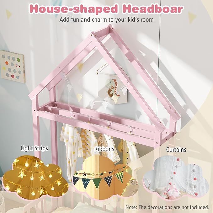 MAT EXPERT Twin Floor Bed with House-Shaped Headboard, Montessori Kids Bed with Detachable Clothes Hanger, Full Length Safety Guardrails, Solid Wood Twin Bed Frames for Kids (Pink)