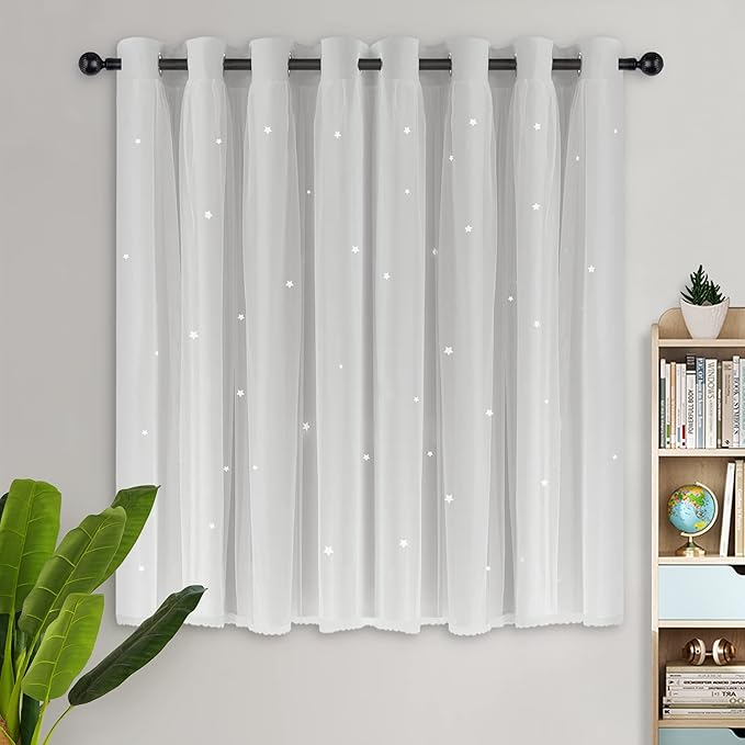 Kinryb Star Cutout Curtains for Girl Bedroom/Living Room/Classroom,2 Free Tiebacks Sheer Overlay 63 Inches 2 Panel Set, Double Layer Curtains for Kids Room(W52 x L63 Inches,Greyish White 2 Pcs)