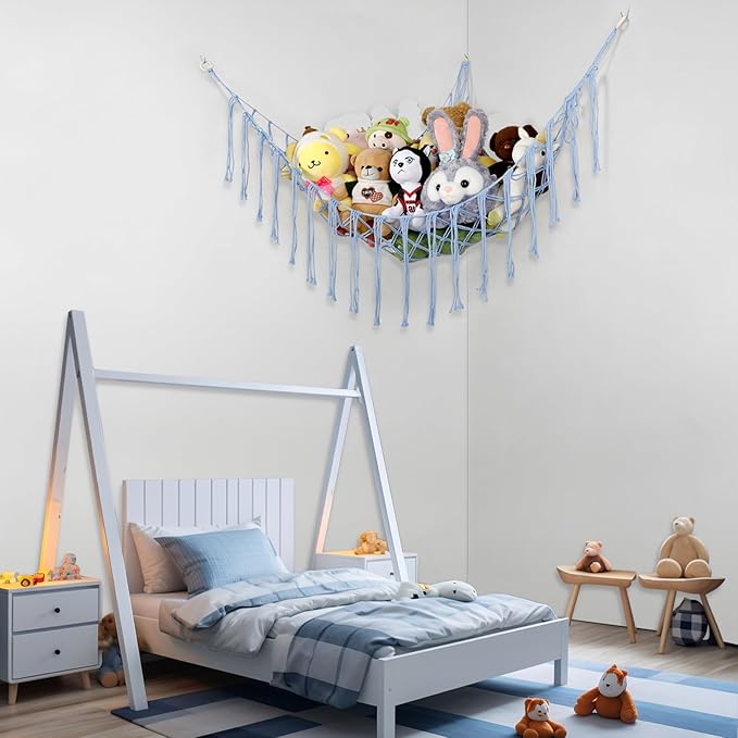 Stuffed Animal Hammock Corner, Hand-knitted Large Plushie Net Toy Hammock with Wooden Rings | Boho Cute Stuff Animal Storage for Nursery & Bedroom | Mesh Kids Toy Organizer Holder Nursery Room Decor