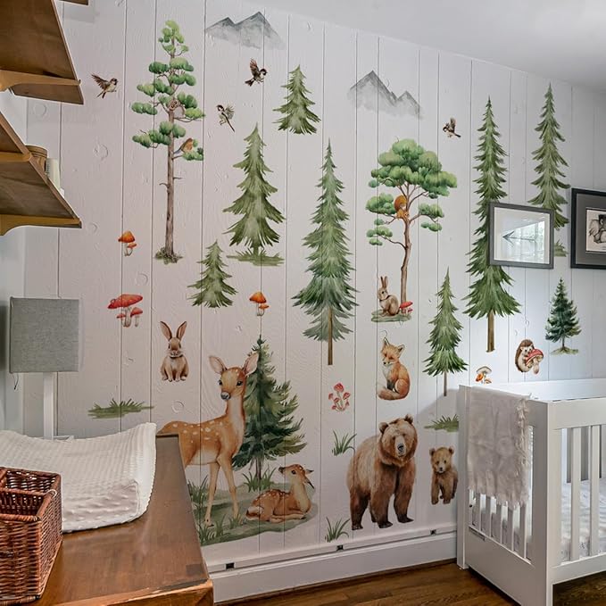 Forest Tree Wall Stickers for Kids Bedroom, Large Pine Tree Wall Art with Deer, Bear, Rabbit, Fox, Squirrel & Hedgehog, Wall Decals Peel and Stick Decal for Nursery Kids Room Décor