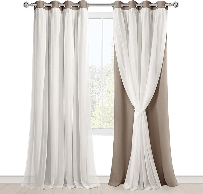 Hiasan Blackout Curtains with Sheer Overlay, Mix & Match Double Layer Thermal Insulated Privacy Grommet Window Curtains for Bedroom, Living Room, 2 Drape Panels with Tiebacks, Camel, 52W X 108L