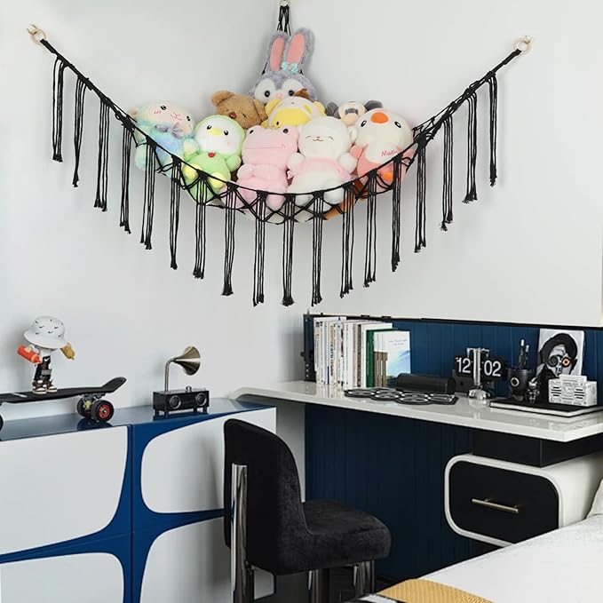 Stuffed Animal Hammock Corner, Hand-knitted Large Plushie Net Toy Hammock with Wooden Rings | Boho Cute Stuff Animal Storage for Nursery & Bedroom | Mesh Kids Toy Organizer Holder Nursery Room Decor