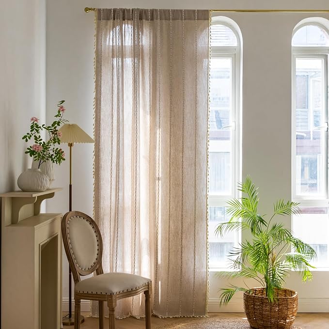 Deeprove Natural Burlap Look Boho Curtains 90 inches Length for Living Room Bedroom Nursery, Vintage Chic Bohemian 90 inches Long Embroidery Farmhouse Tassel Window Treatments, W52 x L90, 1 Panel