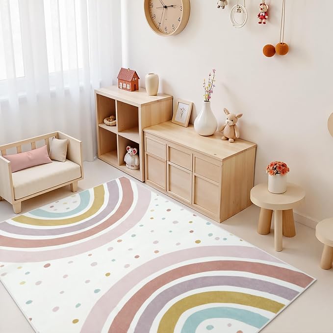 STARUIA Boho Rainbow Rug for Girls Bedroom, Large Area Rug 5x7 Washable Kids Rugs for Playroom Tent Castle, Non-Slip Soft Play Mat Carpet Nursery Rugs for Kid Room Classroom Dorm