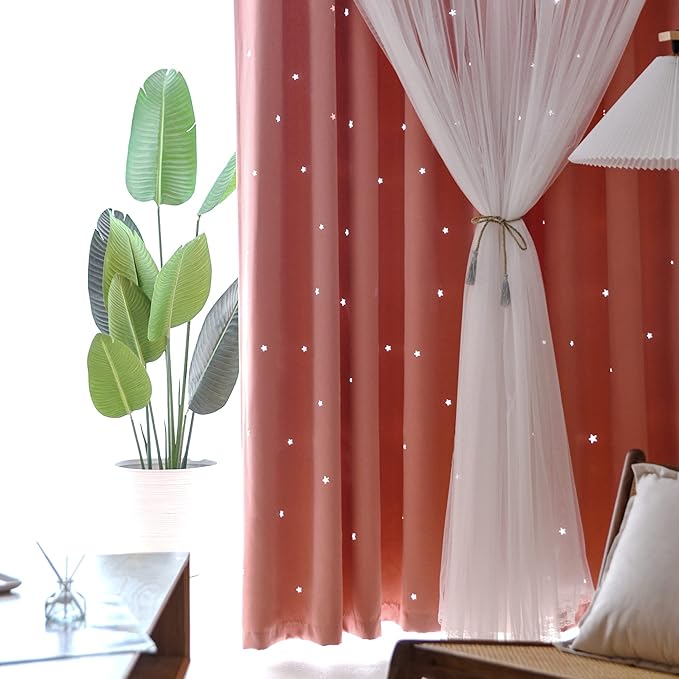 Kinryb Princess Curtains for Girls Bedroom with Sheer Overlay,Double Layer Curtain for Living Room with Star Cutout, Curtains for Kids Room (70 W*84 L Inches,2 Pcs Coral)