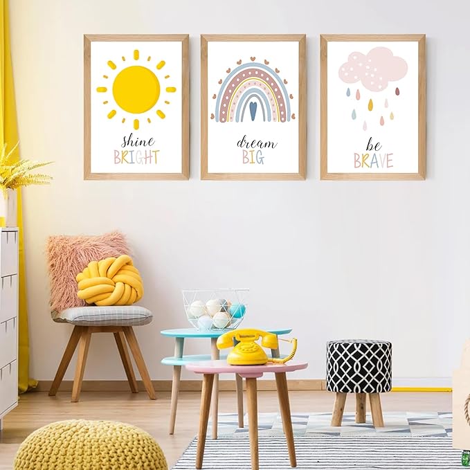 Set of 3 Framed Boho Nursery Wall Art Prints Decor,12x16”Rainbow Weather Wall Decor Inspirational Canvas Wall Art Prints Framed Nursery Children Artwork for Kids Playroom Bedroom Decoration