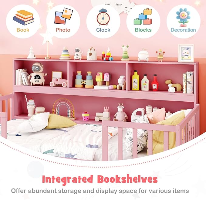 KOMFOTT Twin Floor Bed with Bookcase & Shelves, Wood Bed Frame with Bedside Bookshelves & Guardrails, Versatile 2-in-1 Montessori Floor Bed for Kids (Twin,Pink)