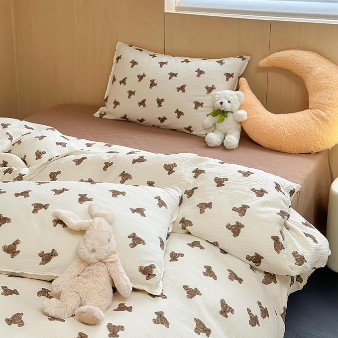 AOJIM 2-Layer Muslin Kids Adults Duvet Cover 1 Piece, Super Soft Cotton Bedding Duvet Cover with Cute Brown Bears Pattern for Girls and Boys, Breathable Durable Comforter Cover 79X90'', Room Decor