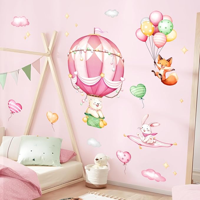 Hot Air Balloon Wall Decals for Girls, Cartoon Bear Fox Rabbit Wall Stickers Peel and Stick Vinyl Decor for Baby Nursery Room Toddlers Bedroom Playroom