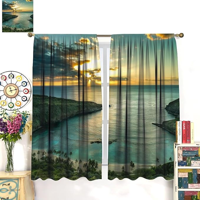 Ocean Beach Curtains,OceanMorning Sunrise Hawaiian Seaside Scene Pattern Blackout Print Home Bedroom Living Room Window Treatments 2 Panel Set 42x45 Inch