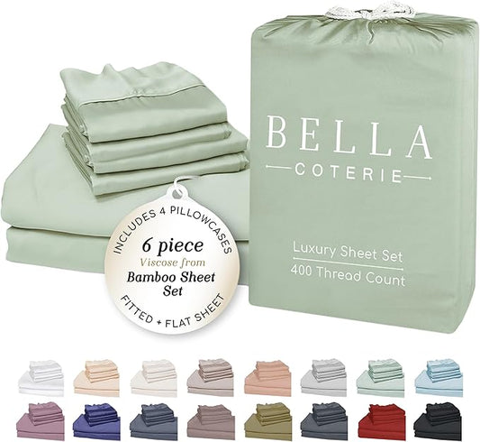 Bella Coterie 6 Piece Luxury Bamboo Viscose California King Size Sheet Set | 100% Organically Grown | Cooling for Hot Sleepers | 18" Deep Pocket | Soft & Hypoallergenic | 4 Pillowcases [Sea Glass]