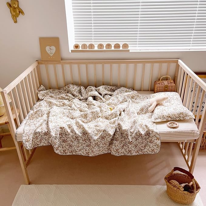 BuLuTu 4 Layer Toddler Blanket 100% Cotton Muslin Bed Blankets for Kids,Girls,Boys, with Cute Hibiscus Flowers Pattern Lightweight Thermal Baby Blanket, Super Soft Warm Crib Blanket, 47x51